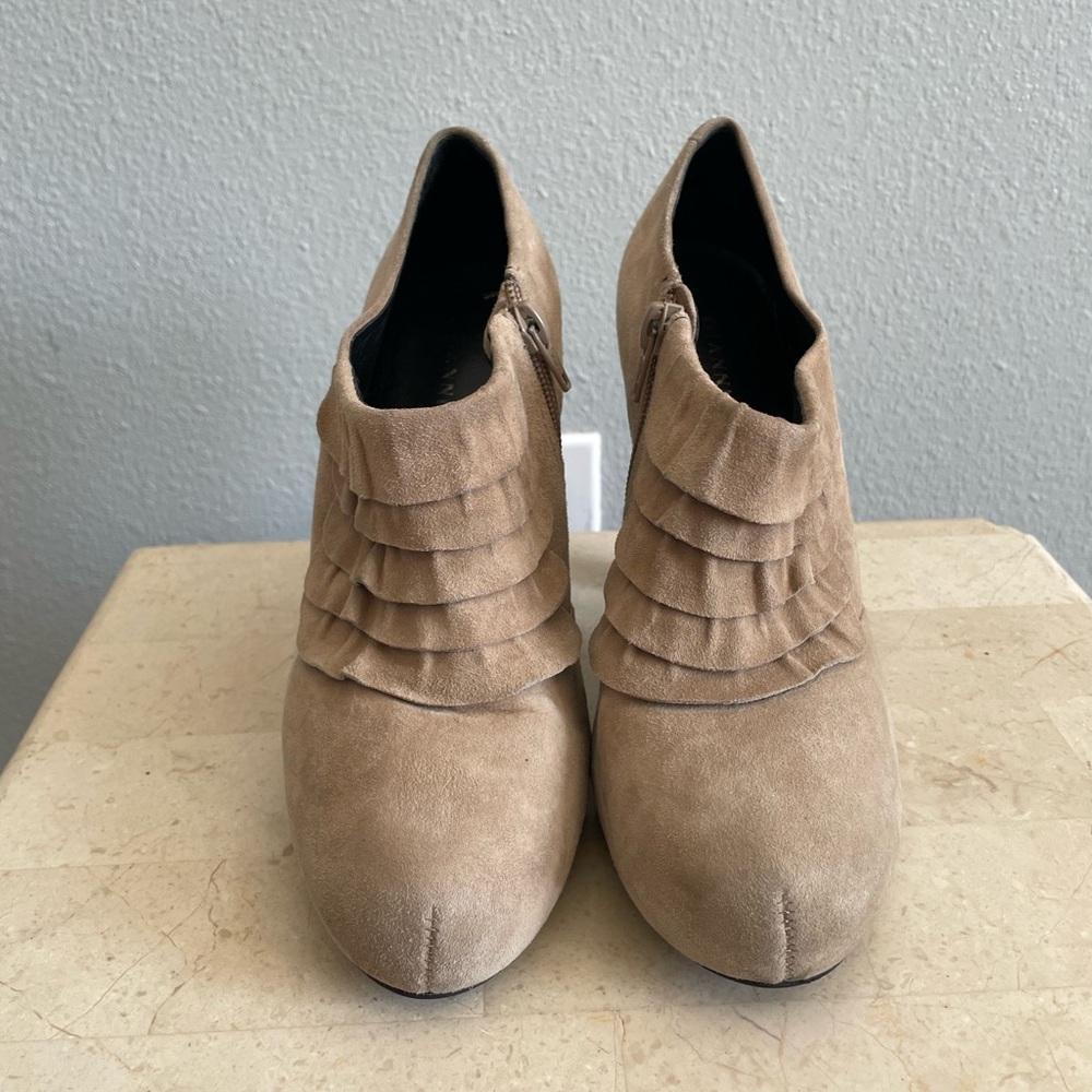 Suede Ankle Booties with High Heel and Pleated Front